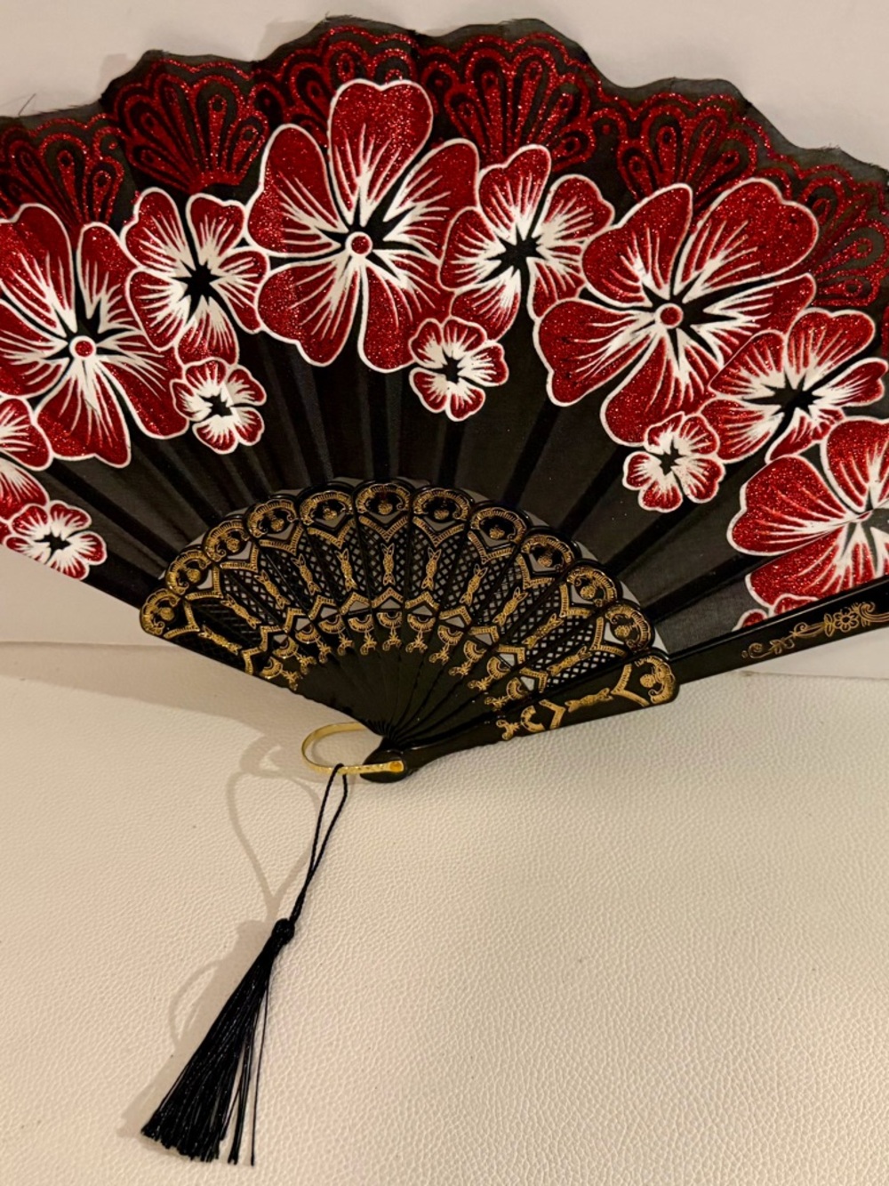 Black Red Floral Folding Hand Fan Glitter Lace Tassel Dance Festival Flamenco - Picture 13 of 16